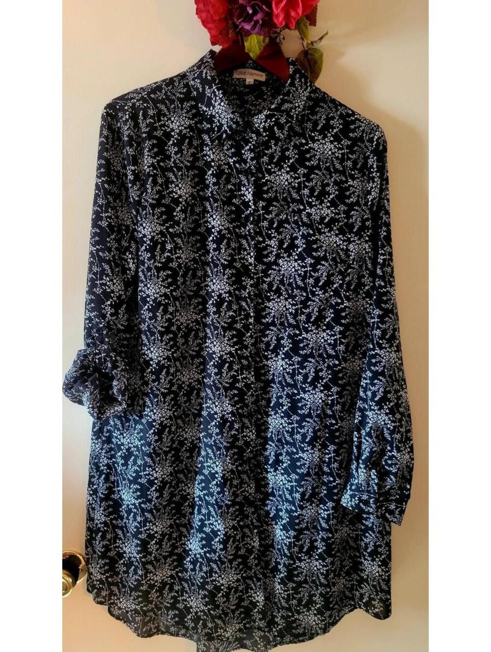 Wild Jasmine Black and White Floral Button-Up Shirt Dress 1XL
